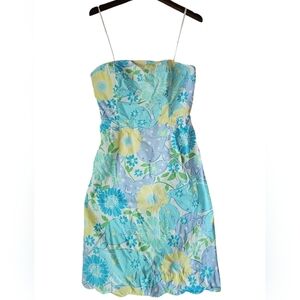 Lilly Pulitzer King Crab Floral Blue White Strapless‎ Sun Dress Womens Size 8